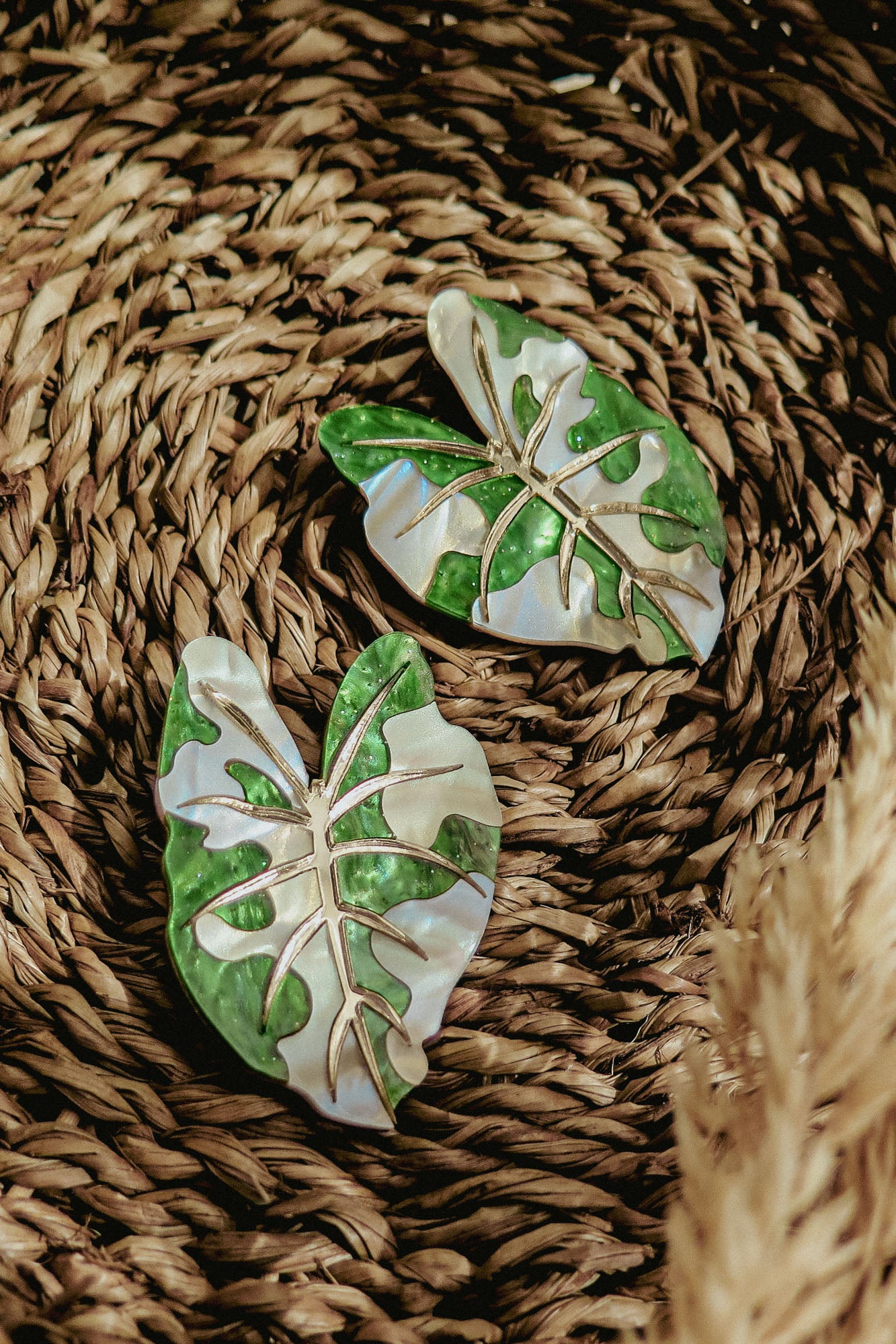 Two decorative brooches shaped like green monstera leaves with white accents rest on a woven natural fiber surface, resembling hand-crafted jewelry. Beige pampas grass adds a soft touch in the lower right corner.