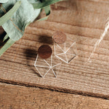 A pair of geometric earrings with wooden circular tops and clear, angular acrylic bases resting on a wooden surface. Green leaves and dried plants are visible in the background, enhancing their minimalist elegance.