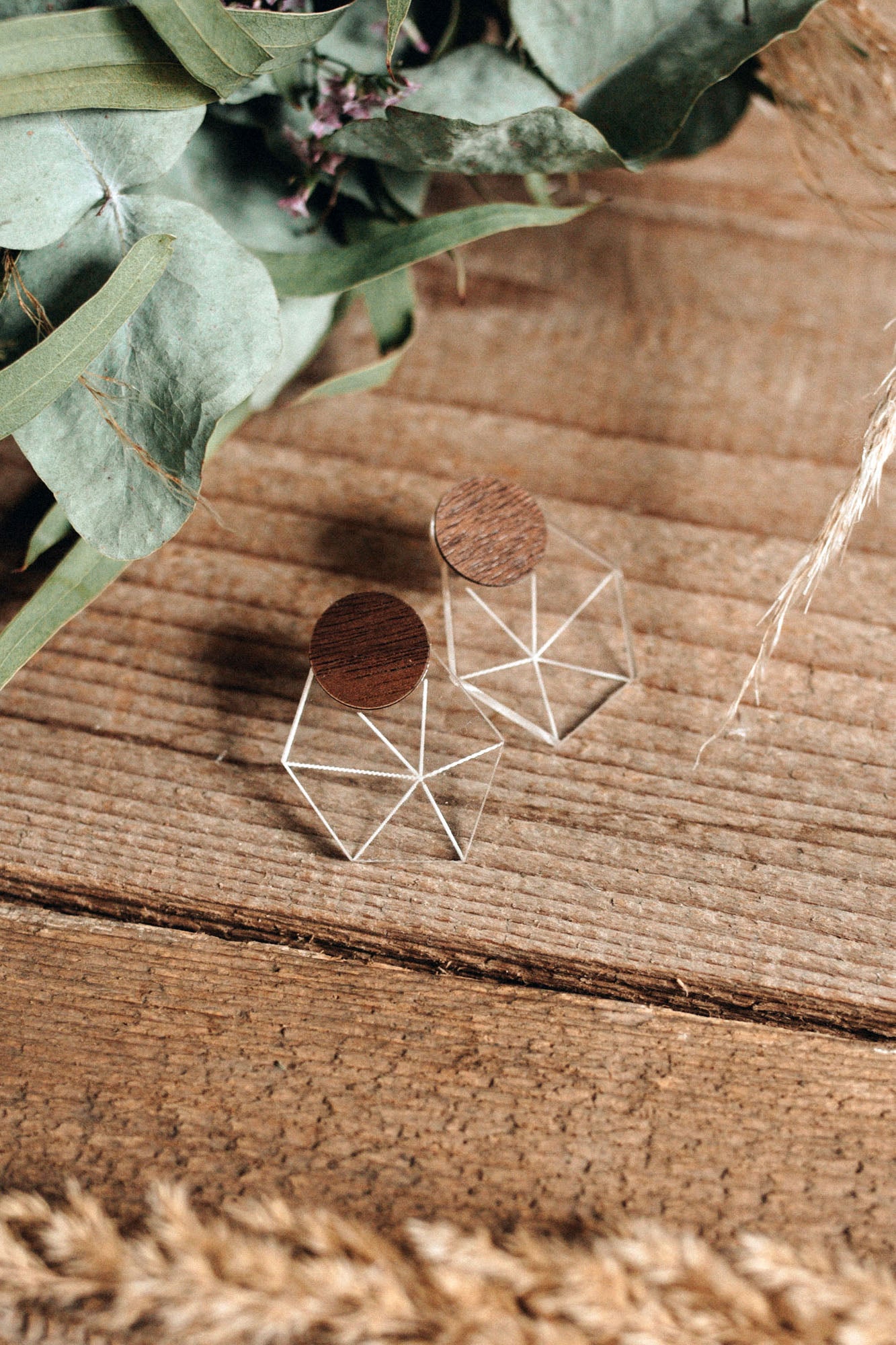 A pair of geometric earrings with wooden circular tops and clear, angular acrylic bases resting on a wooden surface. Green leaves and dried plants are visible in the background, enhancing their minimalist elegance.