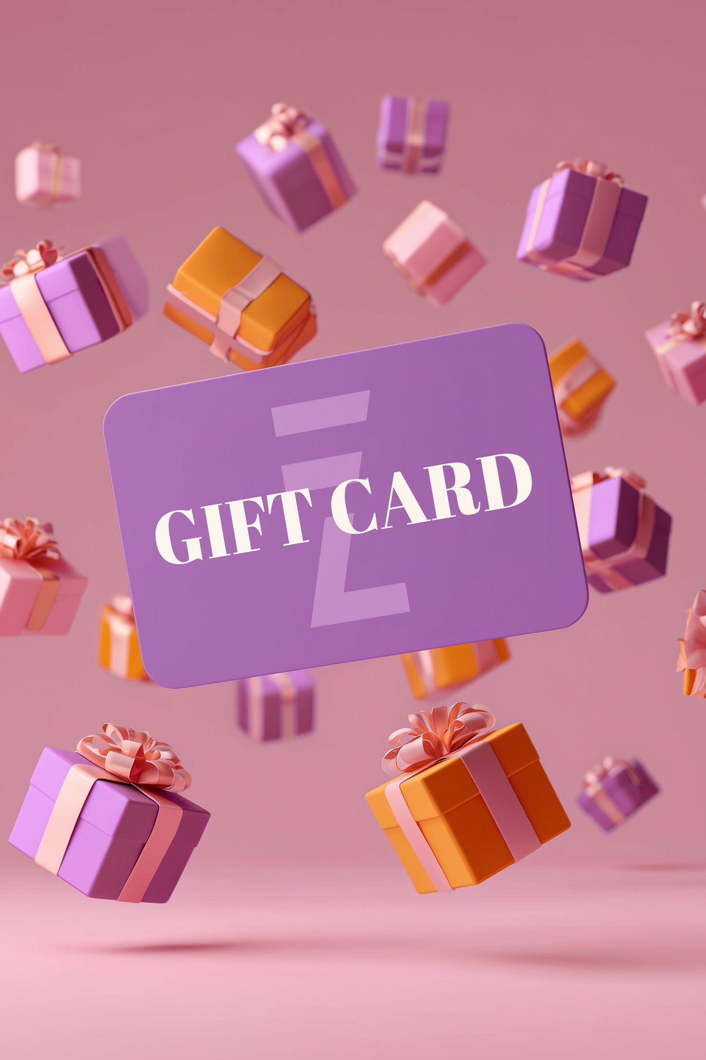 A large purple Doruzova Gift Card with white text reading GIFT CARD is surrounded by floating wrapped presents in pink, purple, and orange, set against a pink background.